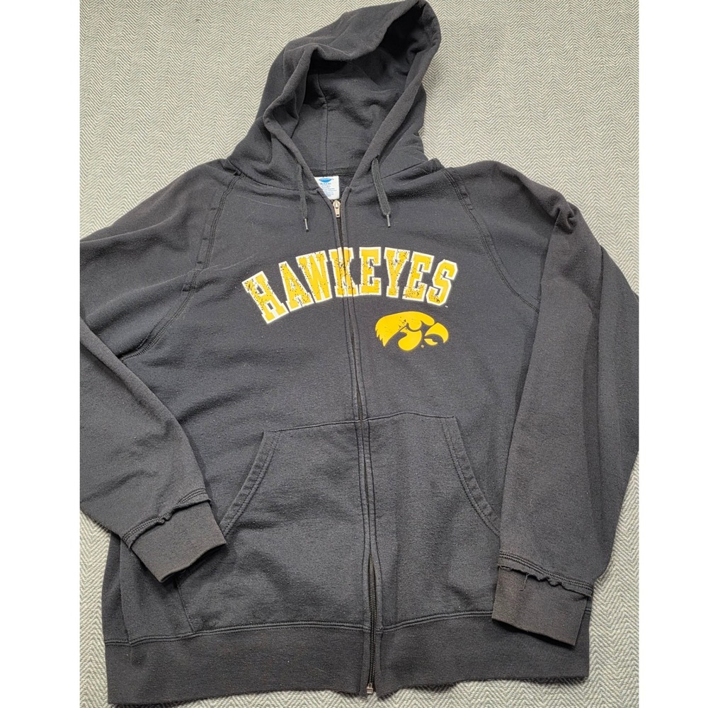 NCAA‎ Iowa Hawkeyes Full Zip Hoodie Black Gold Distressed Graphic Mens Large